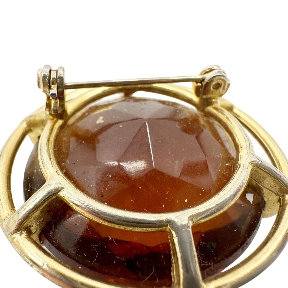 vintage gold metal & translucent brown stone BROOCH round jewelry pin - Picture 5 of 5